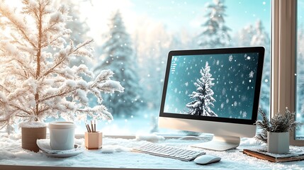 Fototapeta premium Winter workspace inspiration cozy office digital art snowy scene