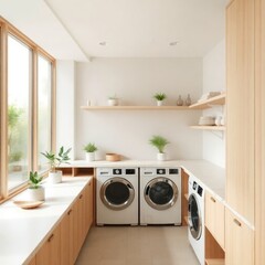a spacious and well-designed laundry room that combines functionality with a modern aesthetic. Washer and Dryer. Benchtop. Cabinetry. Natural Light. Basin. Color Scheme. Flooring. 

