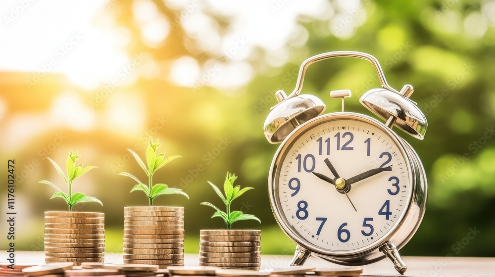 Poster a powerful financial growth concept with stacked coins and an alarm clock, capturing the connection 