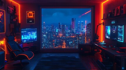 Nighttime gaming setup with city view urban digital art relaxing