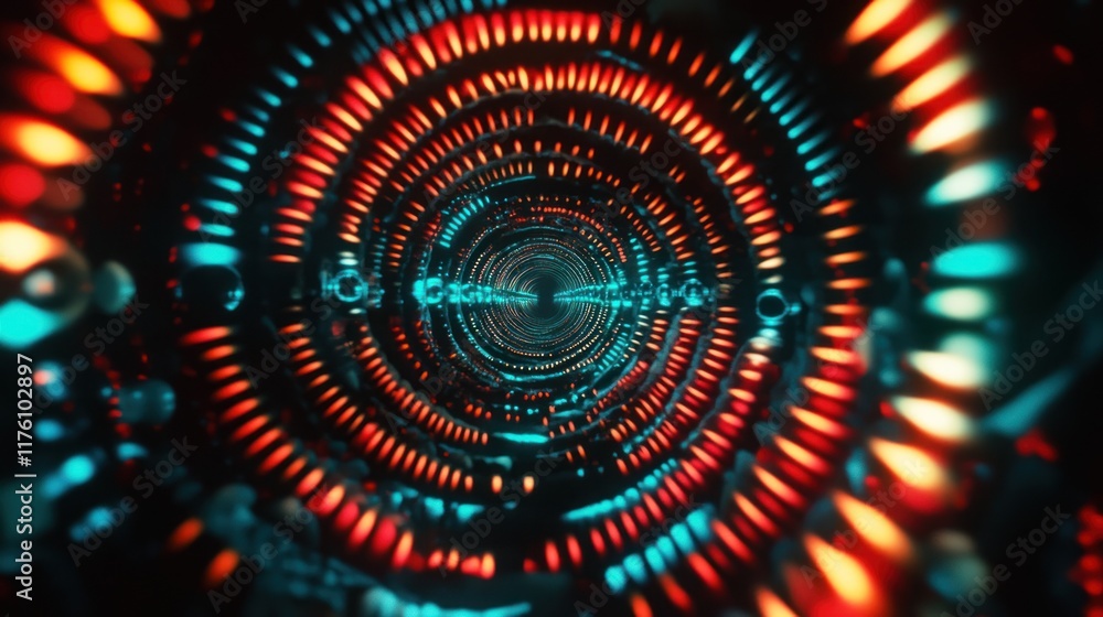 Poster abstract futuristic tunnel with glowing circular patterns in vibrant colors, creating a stunning vis