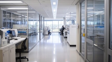 Modern lab corridor with scientist working at workstation.