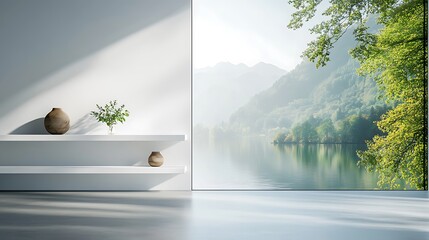 Fototapeta premium Tranquil nature view modern interior minimalist design serenity