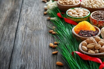 Happy Nowruz holiday background. Celebrating Nowruz new year sweets and treats, dried fruits, nuts, seeds, wooden background with green grass and festive red ribbon, copy space 