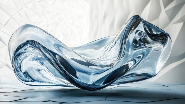 A sleek, futuristic glass wave sculpture on a geometric backdrop, offering a modern, dynamic look that embodies innovation and fluidity.