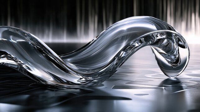 A sleek, futuristic glass wave sculpture on a geometric backdrop, offering a modern, dynamic look that embodies innovation and fluidity.