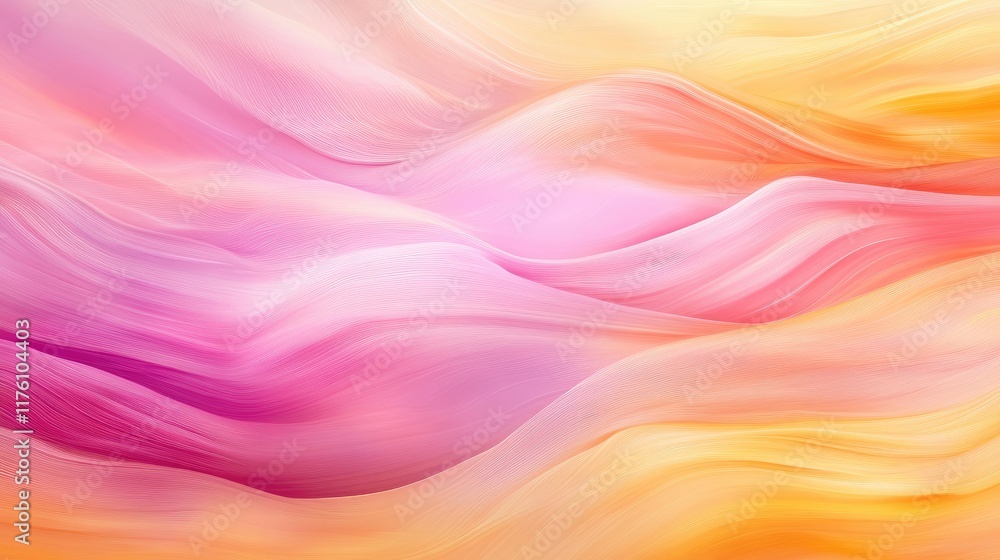 Poster a smooth, flowing wave pattern in pink and yellow pastel shades, creating an abstract and modern flu