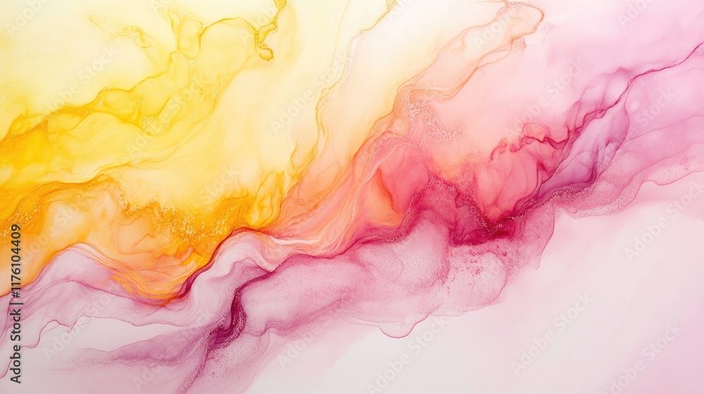 Poster a smooth, flowing wave pattern in pink and yellow pastel shades, creating an abstract and modern flu