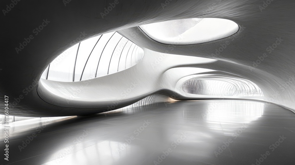 Poster a smooth, futuristic tunnel featuring organic curves and surface design, leading the eye into an exp