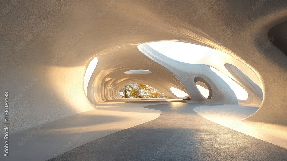 Poster a smooth, futuristic tunnel featuring organic curves and surface design, leading the eye into an exp