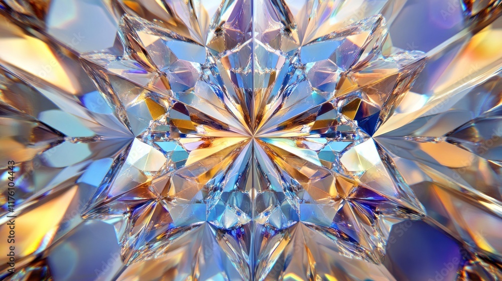 Poster captivating close-up of a shimmering crystal star pattern reflecting a kaleidoscope of colors and li