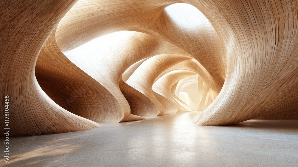 Poster a smooth, futuristic tunnel featuring organic curves and surface design, leading the eye into an exp