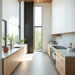 Fototapeta premium A modern and minimalist kitchen characterized by clean lines and a bright, airy atmosphere. Cabinetry. Countertop. Sink Area. Appliances. Natural Light. Flooring. Greenery. 