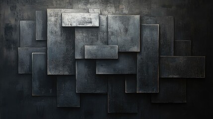 A striking abstract arrangement of dark rectangular shapes on a black background, showcasing a modern and bold geometric design with depth.