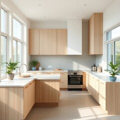 A modern and minimalist kitchen characterized by clean lines and a bright, airy atmosphere. Cabinetry.  Countertop. Sink Area. Appliances. Natural Light. Flooring. Greenery.
