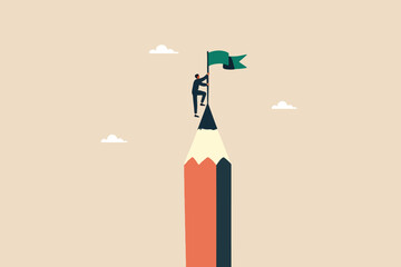 Scaling the Heights of Creativity, A Young Visionary Conquering the Pencil Mountain to Claim the Victory Flag