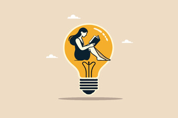Blossoms of Inspiration, A Cheerful Woman Immersed in a Book atop a Radiant Lightbulb