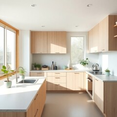 Fototapeta premium A modern and minimalist kitchen characterized by clean lines and a bright, airy atmosphere. Cabinetry. Countertop. Sink Area. Appliances. Natural Light. Flooring. Greenery. 