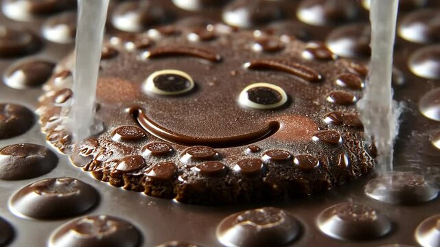 Chocolate cookie with a smiling face being drizzled with liquid, showcasing its texture and playful design
