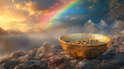 A treasure-filled golden bowl on a rocky terrain, with a stunning rainbow sky in the background, creating a mystical and opulent scene.