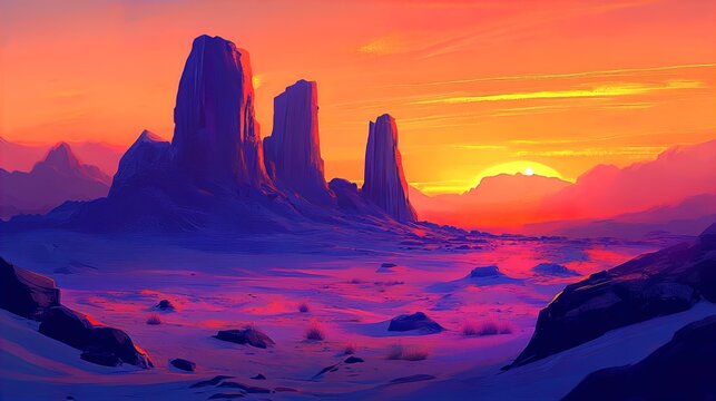 A vivid sunset over a rocky desert landscape, featuring towering rock formations silhouetted against a colorful sky. The horizon glows with shades of orange, pink, and purple, creating a dramatic atmo