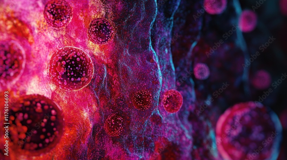 Poster microscopic view of vividly colored viruses in a cellular environment: a detailed 3d rendering of in