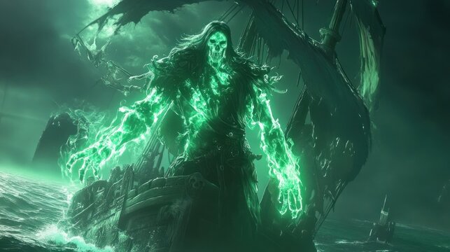 A pirate ghost aboard a broken shipwreck, glowing green with tattered sails and misty ocean background