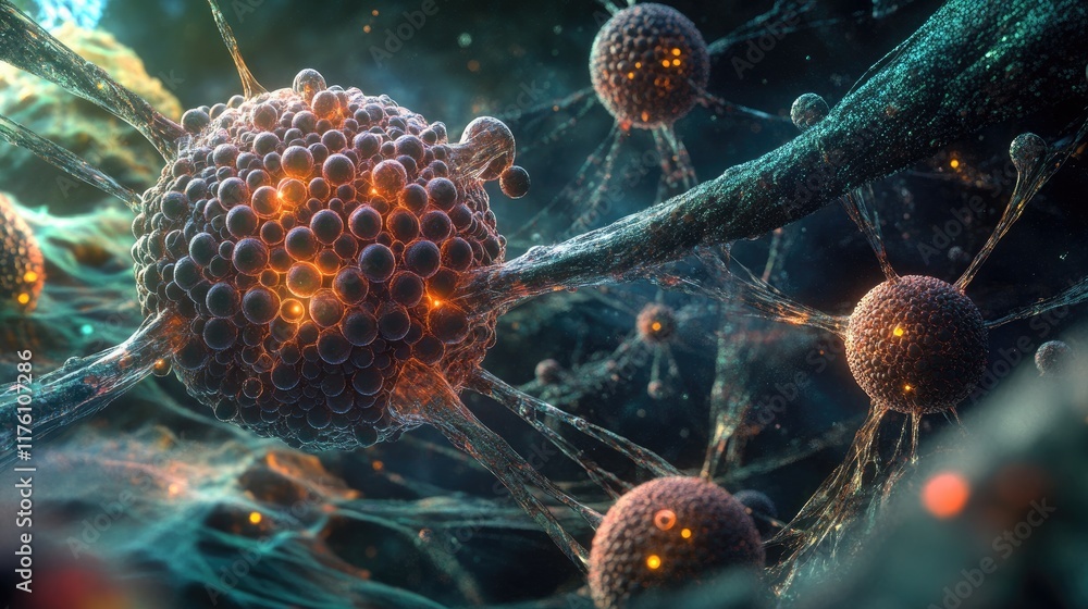 Aufkleber Advanced nanotechnology network with spherical molecular structures, showcasing a detailed and futuristic design at a molecular level.