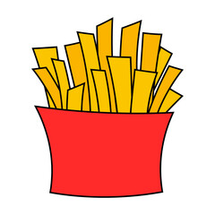 French Fries in a cardboard package. Delicious popular Fast food. Vector illustration isolated on white background.