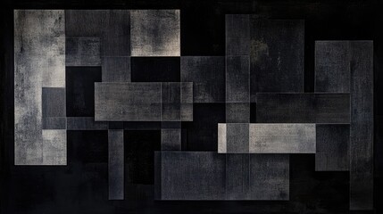 An abstract arrangement of dark, angular rectangular shapes set against a solid black background, creating a dynamic and contemporary geometric design.