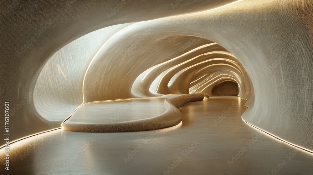 Poster An abstract futuristic tunnel with organic, curved surface designs, creating a visually stunning, forward-thinking architectural space.