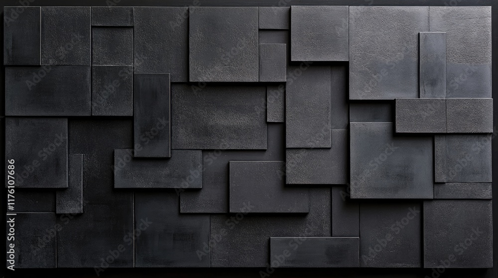 Poster an abstract geometric composition of dark rectangular shapes arranged on a black background, exuding