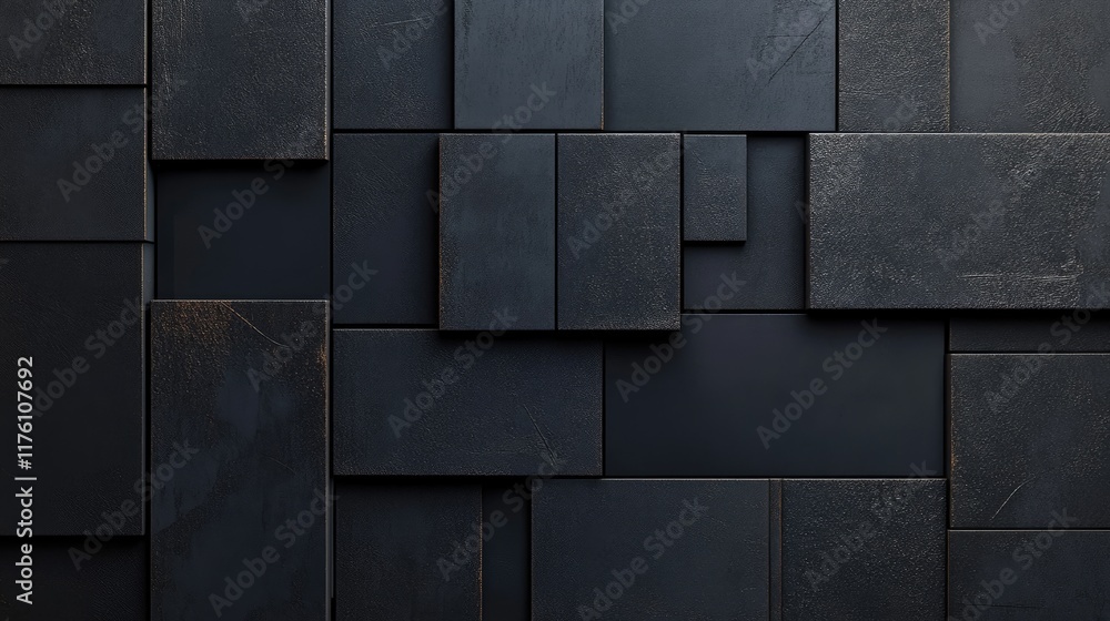 Poster An abstract geometric composition of dark rectangular shapes arranged on a black background, exuding a minimalist yet impactful aesthetic.