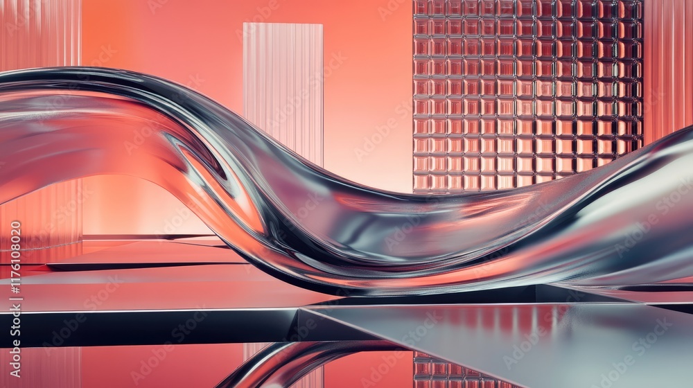 Aufkleber an elegant glass wave design with futuristic elements, flowing smoothly against a geometric backgrou
