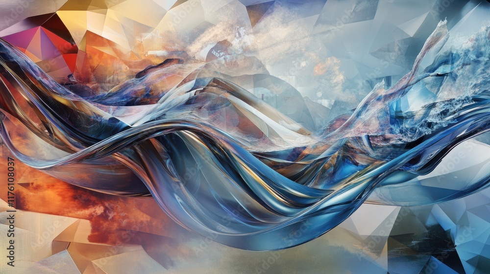 Poster an elegant glass wave design with futuristic elements, flowing smoothly against a geometric backgrou