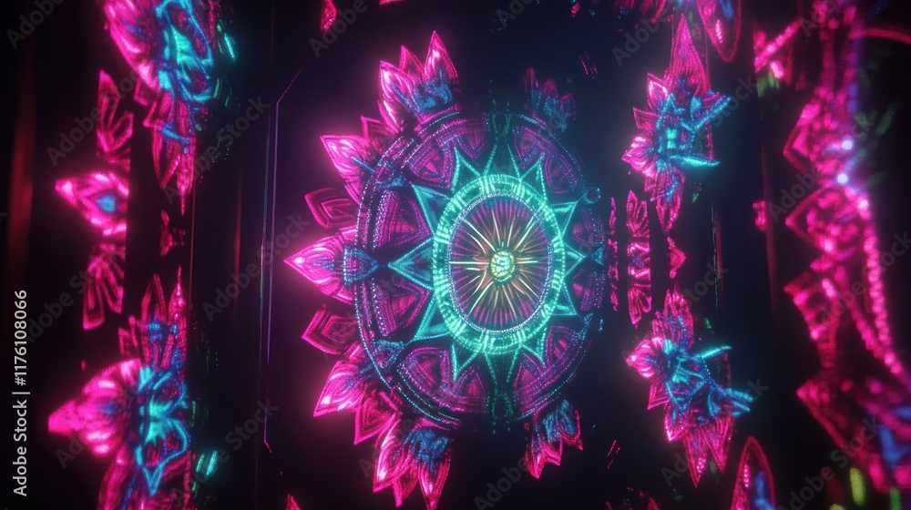 Poster vibrant neon mandala pattern with intricate design and colorful geometric shapes for abstract art an