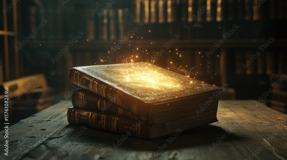 Poster An enchanted book with a glowing magical aura, placed on an ancient wooden table in a dimly lit library, creating a mystical atmosphere.