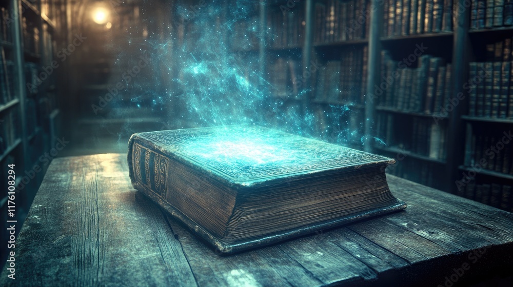 Poster An enchanted book with a glowing magical aura, placed on an ancient wooden table in a dimly lit library, creating a mystical atmosphere.