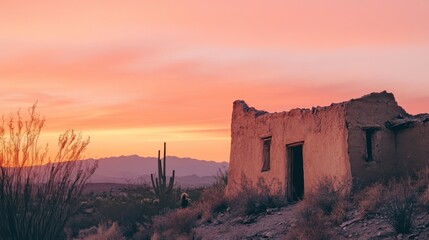 Obraz premium Abandoned ancient adobe house, located in a quiet canyon, cacti and shrubs scattered nearby, orange-pink dusk sky 