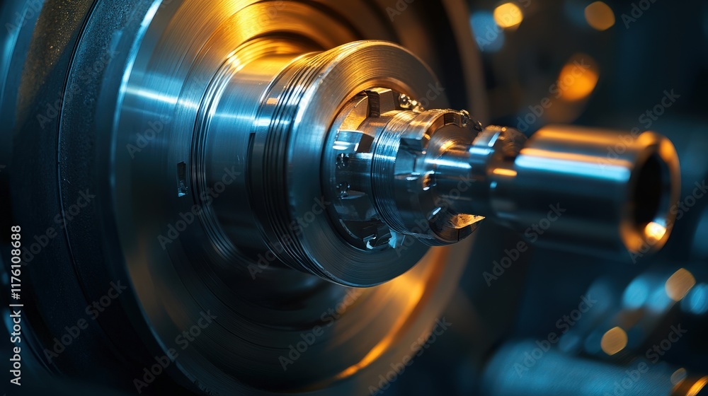 Poster close-up view of precision machinery component in industrial setting with rich metallic texture and 