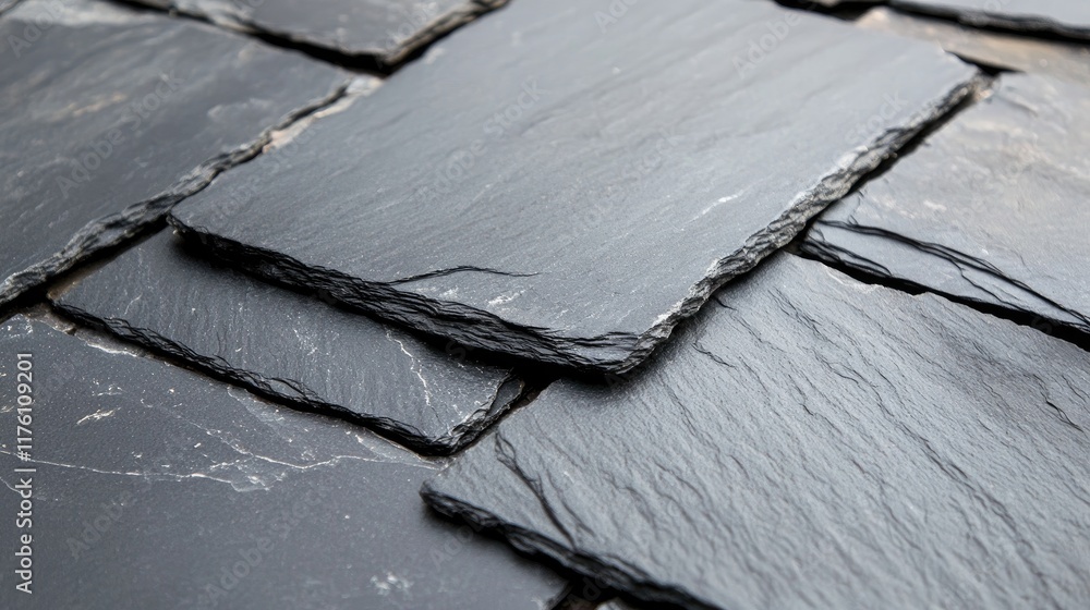 Poster Close-up of overlapping black slate tiles with a rich texture, creating a sleek and elegant surface pattern.