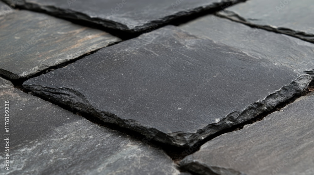 Aufkleber Close-up of overlapping black slate tiles with a rich texture, creating a sleek and elegant surface pattern.