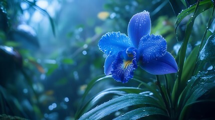 Mystical Blue Orchid in a Lush Rainforest