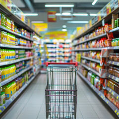 Empty Shopping Cart in Supermarket Aisle