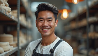 Fototapeta premium A cheerful young Asian man stands confidently in a pottery studio, surrounded by shelves filled with ceramic pieces. His bright smile and casual attire reflect his passion for craftsmanship and