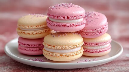 Fototapeta premium Stack of pink and yellow macarons on a plate.