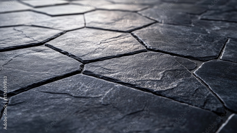Poster Detailed close-up of textured black slate tiles with an overlapping pattern, showcasing the natural beauty and depth of the material.