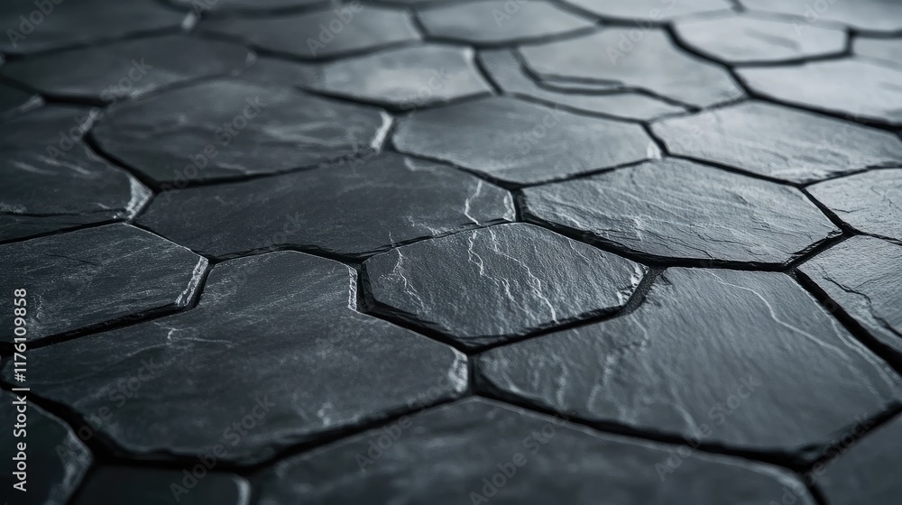 Aufkleber Detailed close-up of textured black slate tiles with an overlapping pattern, showcasing the natural beauty and depth of the material.