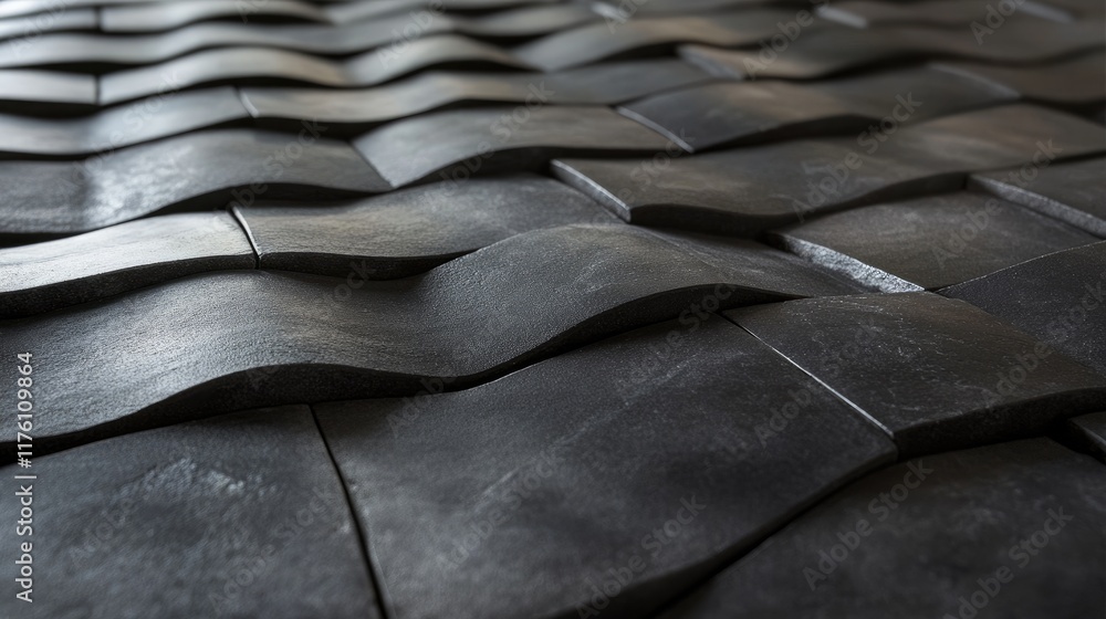 Poster Detailed close-up of textured black slate tiles with an overlapping pattern, showcasing the natural beauty and depth of the material.