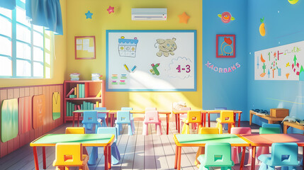 Bright, colorful empty preschool classroom with small chairs and tables.